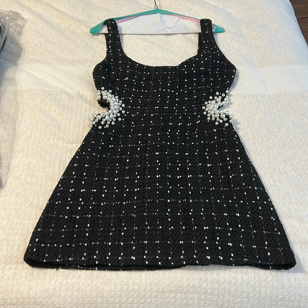 Zara black and white mini dress w side cutouts w pearls . Size small like new
